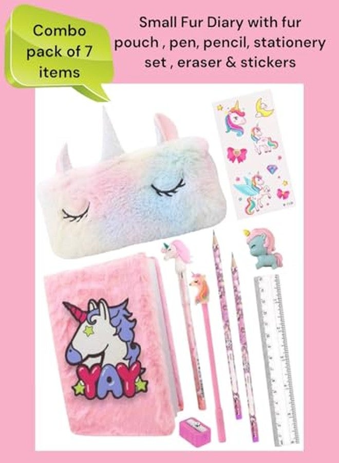 GLITREEPROPS Unicorn Plush Diary Set, 7-Piece Stationery Kit with Fur Pouch, Pencils, Pen, Eraser and Stickers, Pink and Rainbow - Image 3